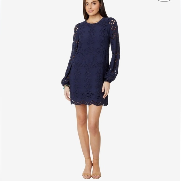 Lilly Pulitzer Women's Alyna Long Sleeve Eyelet Dress In True Navy Soiree Eyelet - Picture 16 of 16